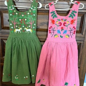 Mini Boden Embroidered Green and Pink Corduroy Dresses